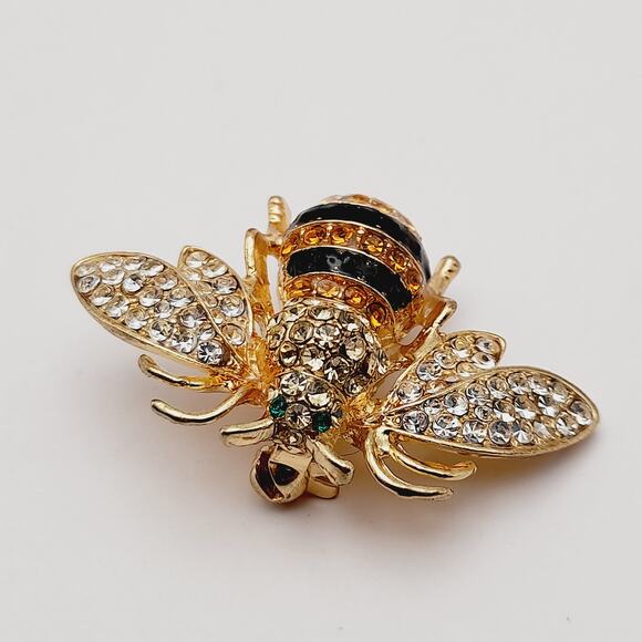Bee Gold Plated Brooch, Insect Pin Clear Black Yellow Rhinestones Signed Ricinni - Picture 3 of 11